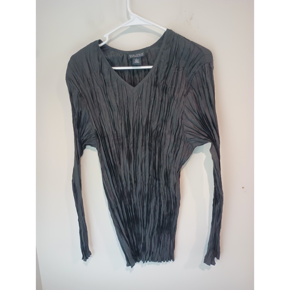 Dialogue 100% Silk Crinkle Top Large Black V-Neck Long Sleeve 90s Vintage Style